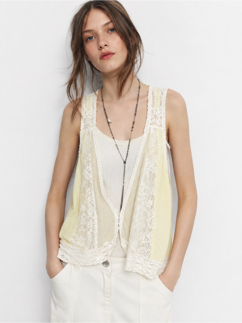 Free People Ivory Lace Vest Small Butter Yellow Boho Cottagecore Fairycore Y2K